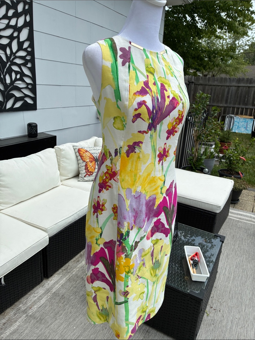 Calvin Klein Sleeveless Linen Blend Dress, Ivory w/ Multi-Color Floral Design 10 - Picture 4 of 12